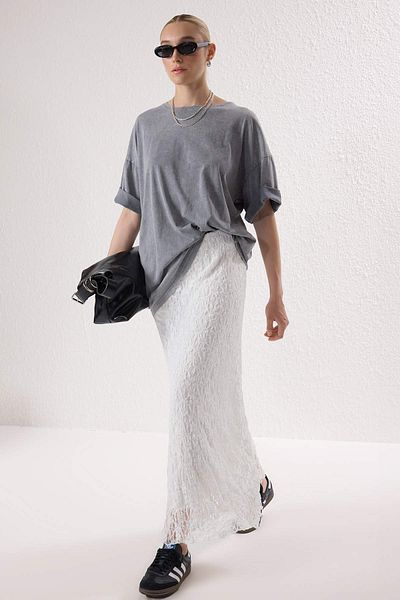 Trendyol Collection Ecru Skater Lace Midi Ευέλικτη Πλεκτή Φούστα TWOSS25ET00149