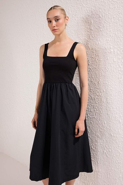 Trendyol Collection Black Top Stretchy Viscose Bottom Wide Terrycotton Contrast Woven Dress Twoss25El00840