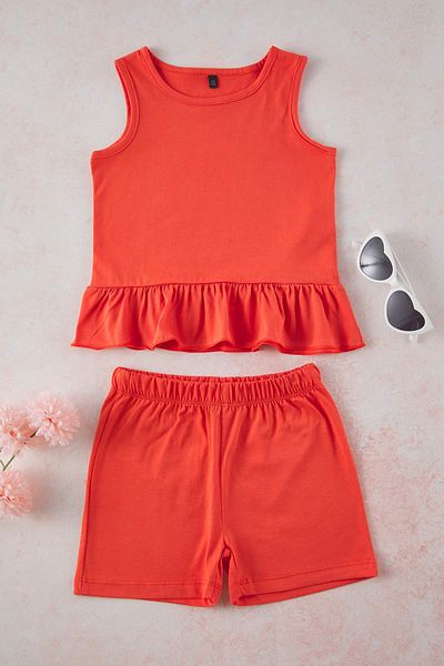 TRENDYOLKIDS Pomegranate Flower Girl's 100% Cotton Basic Ruffle Detail Sleeveless Knitted Bottom-Top Set Tkdss25Au00162