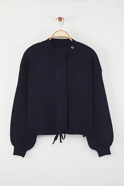 Trendyol Collection Navy Blue Collar Detailed Waist Gathered Knitwear Cardigan Twoaw26Hi00025