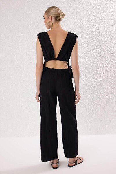 Trendyol Collection Black Woven Binding Detailed Deep V-Neck Beach Blouse Pants Suit Tbess25Au00088