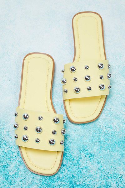 TRENDYOL SHOES Κίτρινες ασημί Troc Stone Κομψές γυναικείες παντόφλες TAKSS25TE00013