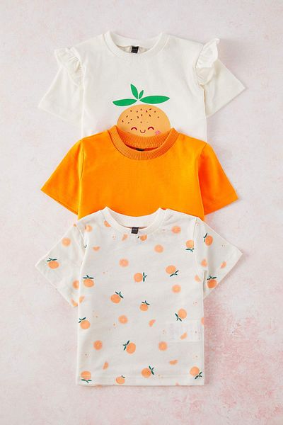 TRENDYOLKIDS Pomarańczowy 3-pak dla dziewczynki, 100% bawełny, Pomarańczowy, drukowany, falbaniasty, krótki rękaw, T-shirt TKDSS25SR00034