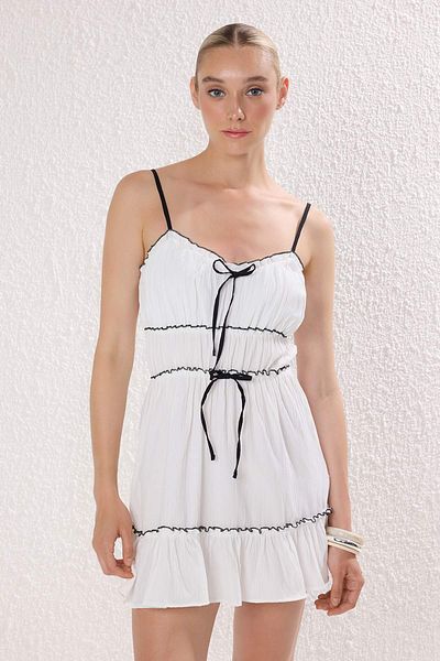 Trendyol Collection White Textured Ribbon Detailed Piping Beach Dress Tbess25El00147