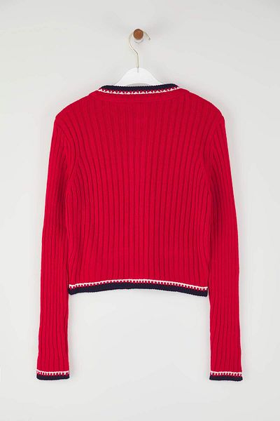 Trendyol Collection Rote Crop-Jacke mit Farbblock-Optik, Strickjacke TWOAW23HI00550
