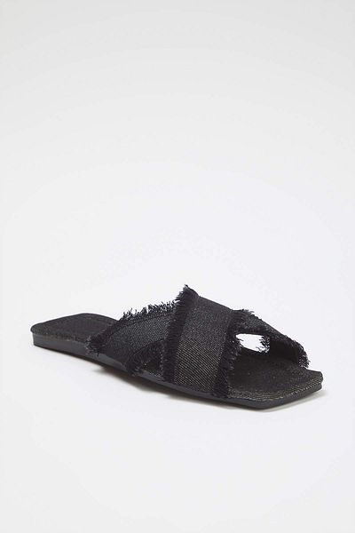 TRENDYOL SHOES Black Tassel Detailed Denim Cross Strap Women's Slippers Takss25Te00043