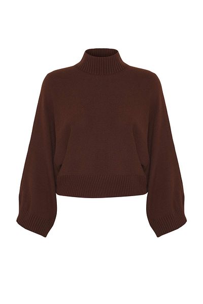Trendyol Collection Кафяв трикотажен пуловер с широки шарки с прилеп ръкав TWOAW23KZ01838