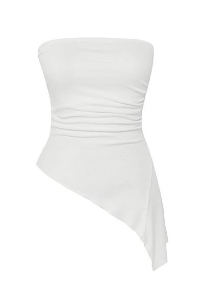 Trendyol Collection Ecru Strapless Shirring/Draping Detail Asymmetric Knitted Blouse Twoss25Bz00570