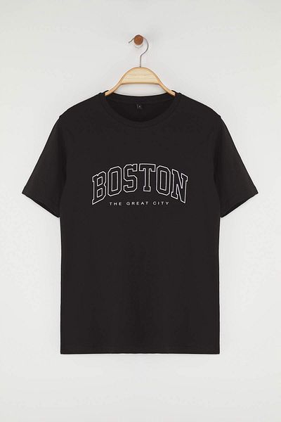 Trendyol Collection Black Slim/Fitted Boston Printed Cotton T-Shirt Tmnss25Ts00183