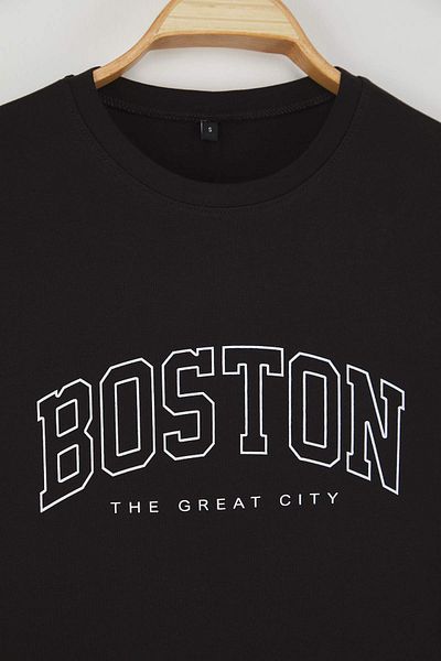 Trendyol Collection Black Slim/Fitted Boston Printed Cotton T-Shirt Tmnss25Ts00183