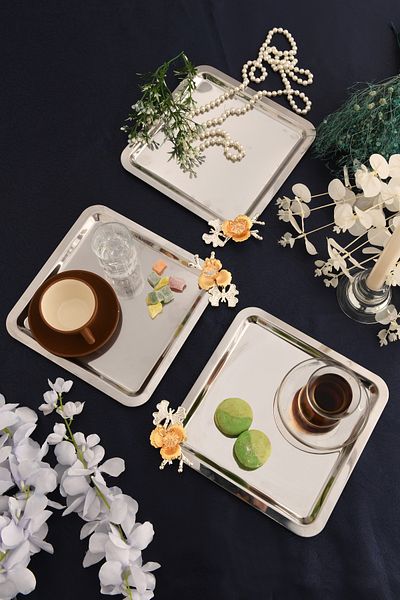 AKSESUAR EVRENİ Voltren Stainless Square Branched Stone Detailed Presentation Tray Silver Set of 3