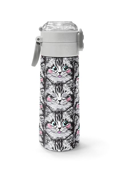 Coral High Kids Gray Cat Patterned Steel Thermos with Straw and Direct Drinking 500 ml 31851