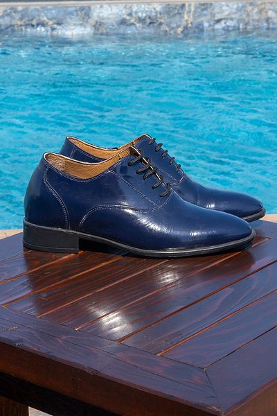 Elevold Handmade Genuine Leather Navy Blue Patent Leather 7 cm Height Increase Hidden Heel Classic Shoes Groom's Shoes