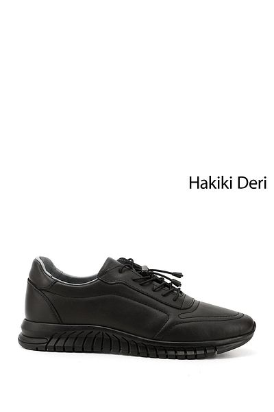 GÖNDERİ(R) Men's Black Lace-Up Rubber Sole Genuine Leather Sneakers