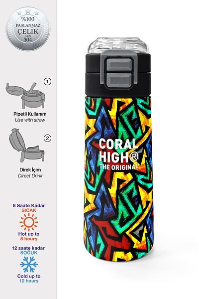 Coral High Kids Black Graffiti Patterned Steel Thermos with Straw and Direct Drinking 500 ml 31847