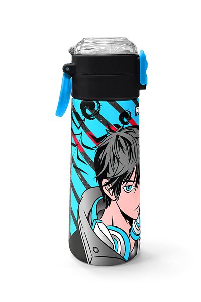 Coral High Kids Black Blue Anime Patterned Steel Thermos with Straw and Direct Drinking 500 ml 31840