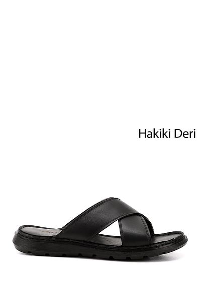 GÖNDERİ(R) Men's Black Cross-Strapped Genuine Leather Slippers