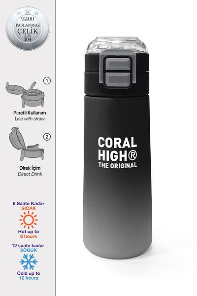 Coral High Kids Black Gray Gamer Patterned Steel Thermos with Straw and Direct Drinking 500 ml 31853