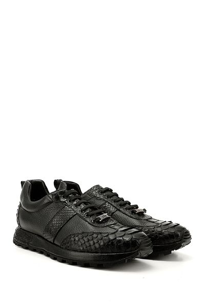 GÖNDERİ(R) Men's Black Python Lace-Up Genuine Leather Comfort Sneaker