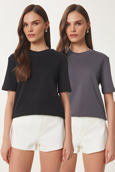 Lovelyİstanbul Πλεκτό T-Shirt 2 Pack Black Fume Basic - LAG0002