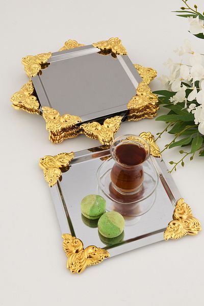 AKSESUAR EVRENİ Pietra Stainless Square 4 Corners 3 Presentation Trays with Yellow Flower Detail