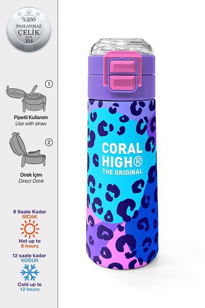 Coral High Kids Purple Leopard Patterned Steel Thermos with Straw and Direct Drinking 500 ml 31846