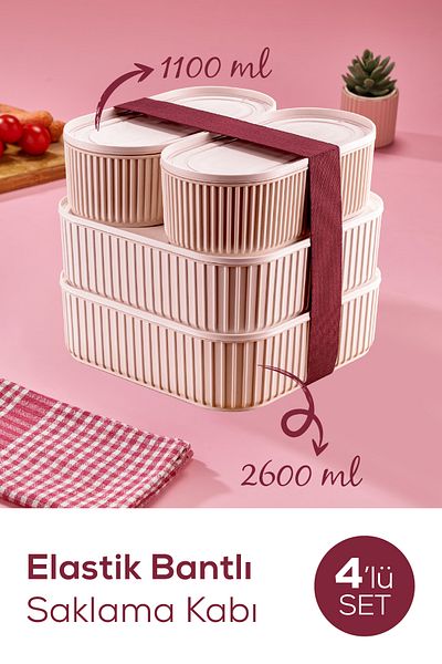 Vienev 4-Piece Practical Stackable Storage Set with Elastic Bands - 1100 ml and 2600 ml Pink