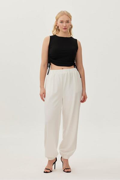 LUOKK Ulrıka Büzgülü Büyük Beden Kaşkorse Crop Top Siyah