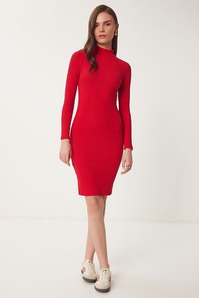 Lovelyİstanbul Stand Collar Ribbed Lycra Knitted Dress Red Lgt0023