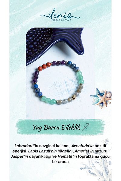 Deniz Doğal Taş Certified Labradorite, Aventurine, Lapis Lazuli, Amethyst, Jasper and Hematite Sagittarius Bracelet