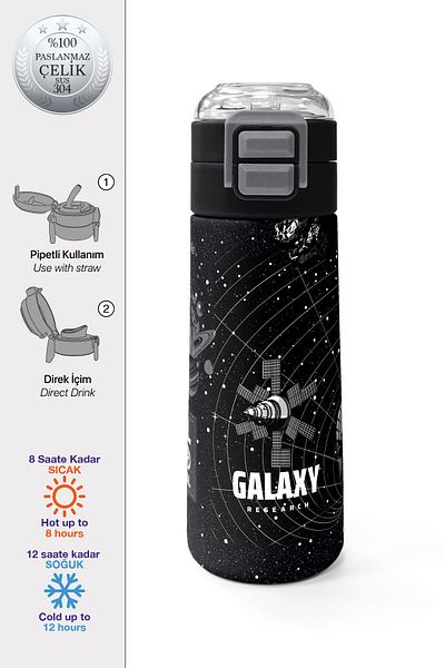 Coral High Kids Black Basketball Patterned Steel Thermos with Straw and Direct Drinking 500 ml 31857