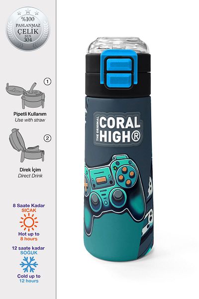 Coral High Kids Nefti Gamer Patterned Steel Thermos with Straw and Direct Drinking 500 ml 31861