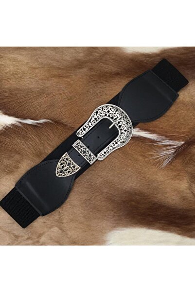 ASLIHAN KEMER Silver Tokalı Siyah Kadın Lastikli Kemer