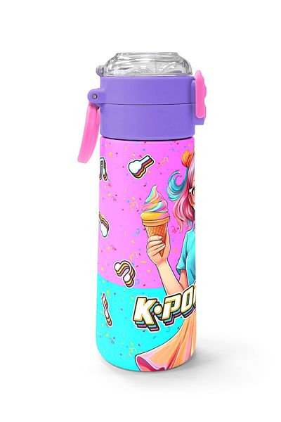 Coral High Kids Pink Turquoise K-Pop Patterned Steel Thermos with Straw and Direct Drinking 500 ml 31865