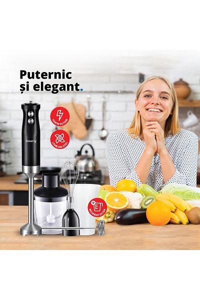 SMARTY Set Blender 5 In 1 ® Advanced Pro 1000w, Mixer Vertical, Functie Turbo, 600ml, Negru