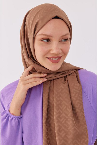 MİRSOY SCARF Mink Tetris Patterned Silky Jacquard Shawl