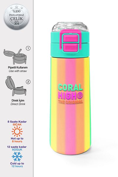 Coral High Kids Colorful Striped Patterned Straw and Direct Drinking Steel Thermos 500 ml 31873