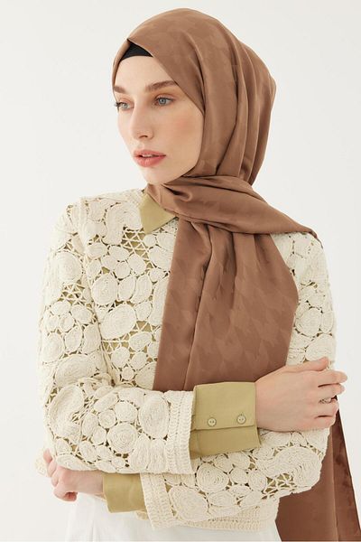 MİRSOY SCARF Mink Colored Silky Jacquard Patterned Houndstooth Shawl