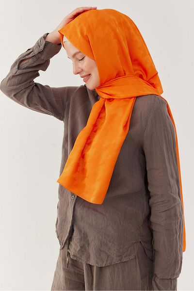 MİRSOY SCARF Orange Silky Jacquard Shawl - Houndstooth Pattern