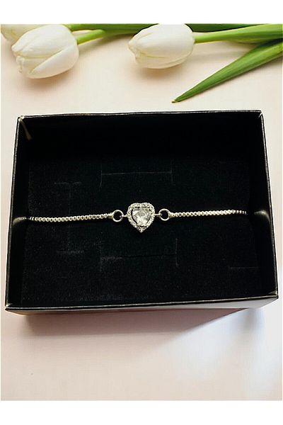 Tixy Pixy White Zircon Stone Heart Adjustable Silver Stainless Steel Women's Bracelet