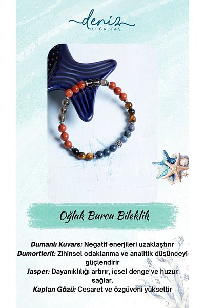 Deniz Doğal Taş Certified Capricorn Smoky Quartz, Dumortierite, Jasper and Tiger Eye Bracelet