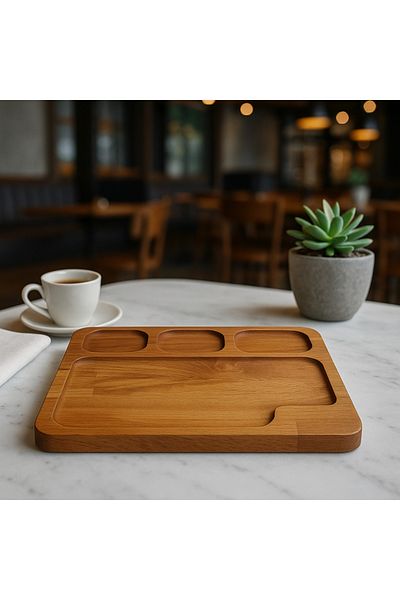 Davi Ahşap Wooden Natural Hornbeam Serving Plate - Multi-Compartment Presentation Plate