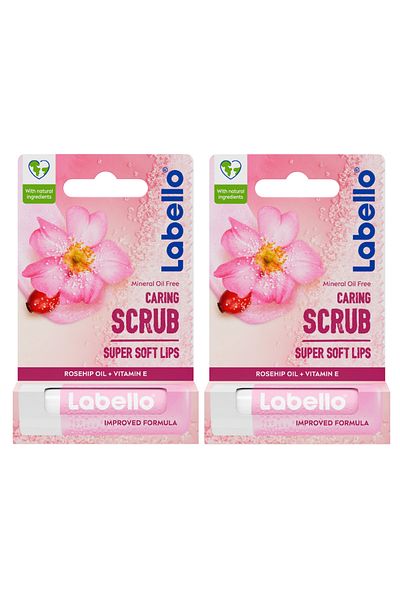 LABELLO Lip Caring Scrub, Rosehip Oil and Vitamin E, Gentle Exfoliation, 4.8g