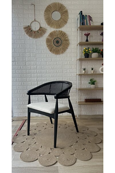 silla Consept Gazel Sandalye Teddy Krem Kumaş Hasırlı Siyah Ahşap Sandalye