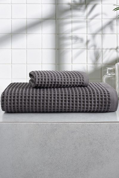 Sevim Set de prosoape de baie din 2 piese cu model de vafe - Extra moale și fagure 100% bumbac - Absorbție ridicată de apă - Antracit
