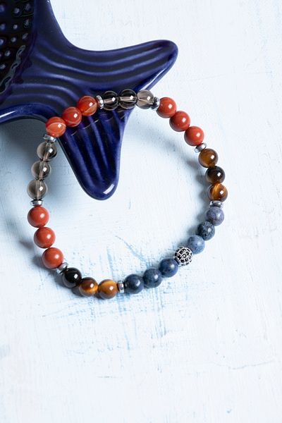 Deniz Doğal Taş Certified Capricorn Smoky Quartz, Dumortierite, Jasper and Tiger Eye Bracelet
