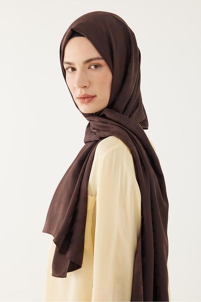 MİRSOY SCARF Bitter Brown Houndstooth Patterned Silky Jacquard Shawl