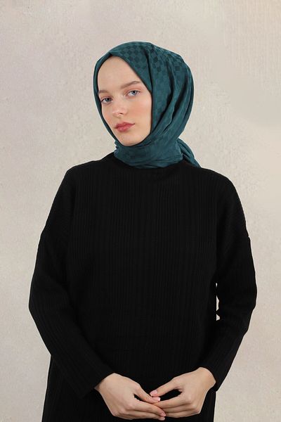 MİRSOY SCARF Şal jacquard cu model de șah mic de culoare petrol
