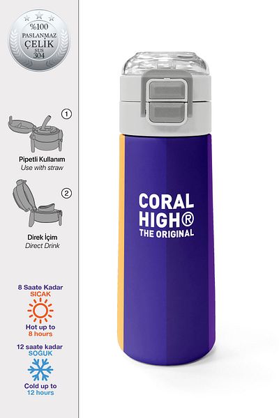 Coral High Kids Colorful Striped Patterned Straw and Direct Drinking Steel Thermos 500 ml 31874