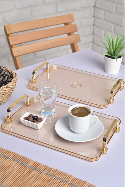 ŞURA MUTFAK Turkish Coffee Presentation Tray with Gold Handle |   Stylish Set of 2 25X17Cm